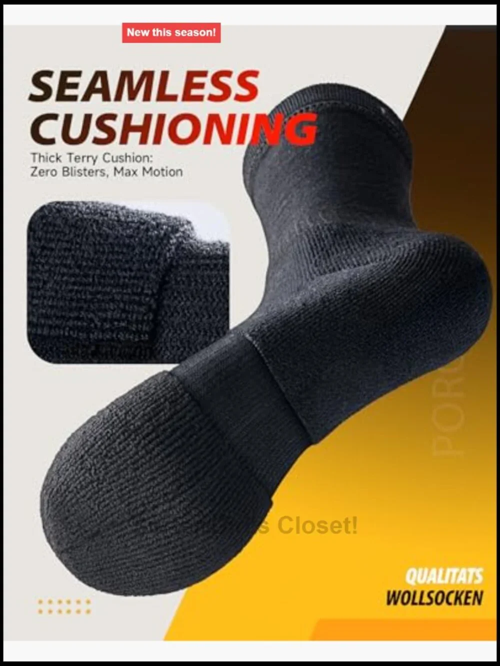 Merino Wool Hiking Socks 3-Pack Seamless Toe Terry Cushioned Men Women